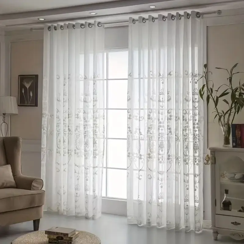 2-Panel Modern Embroidered Sheer Window Curtains - Soft, Breathable White Barrie Gauze Home Decoration Curtains for Living Room - 63/84/96 in Length Modern Decor, Home Decoration Curtain, Window Curtain
