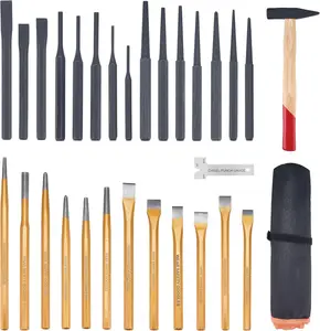 29-Piece and Chisel Set with Peen, Duty and Chisel Set – Includes Cold Chisels, Taper Punches, Pin Punches, Center Punches & Roll-Up (29pcs)