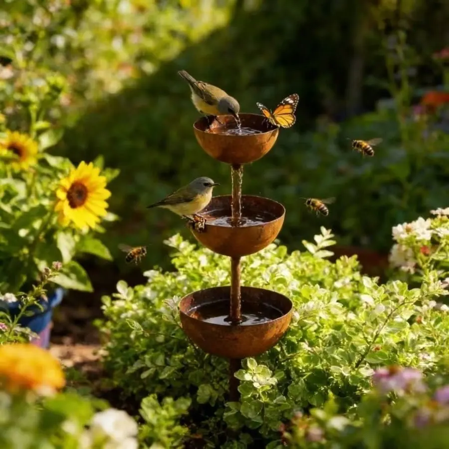 Vintage Iron Rainwater Collector with Bird Feeder and Bee Waterer, Natural Rustic Finish, Elegant Bird Bath Basin, Outdoor Garden Water Feature Decor, Ideal Attractor for Hummingbirds, Wild Birds and Insects, Yard Lawn Spring Ornament Decoration