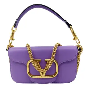 Pre-owned Valentino Leather Shoulder Bags Garavani Loco V Logo Calfskin Shoulder Bag Purple
