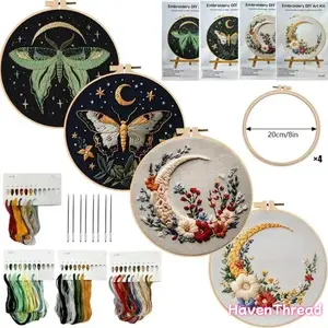 Beginner Embroidery Kit Elegant Butterfly Moon Cross Stitch Set with Printed Cotton Fabric, Threads, Needles for DIY Crafting