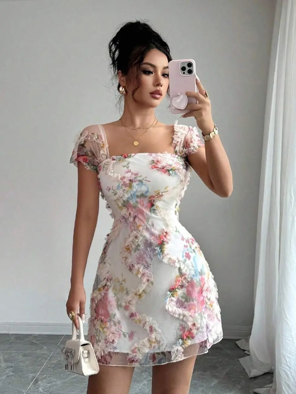 New Vintage Elegant Oil Painting Style Ditsy Floral Mesh Frill Trim Slim Fit Camisole Dress, Beautiful , Spring/Summer Bridesmaid Tea Party Lavender