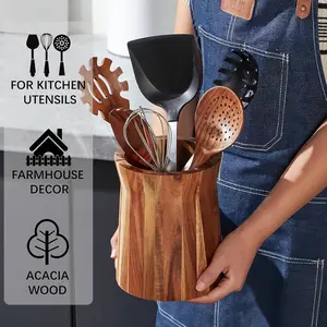 1PC Wooden Kitchen Utensil Storage Rack 360 Degree Rotating Countertop Organizer for Spatulas Cooking Tools Country Style Decor