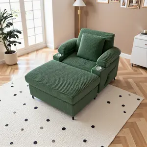 Oversized Boneless Chaise Lounge Chair Indoor Beige Corduroy Upholstered with Removable Ottoman 2-in-1 Sleeper Chair Bed Storage Armrest Fast Charging Living Room Sofa