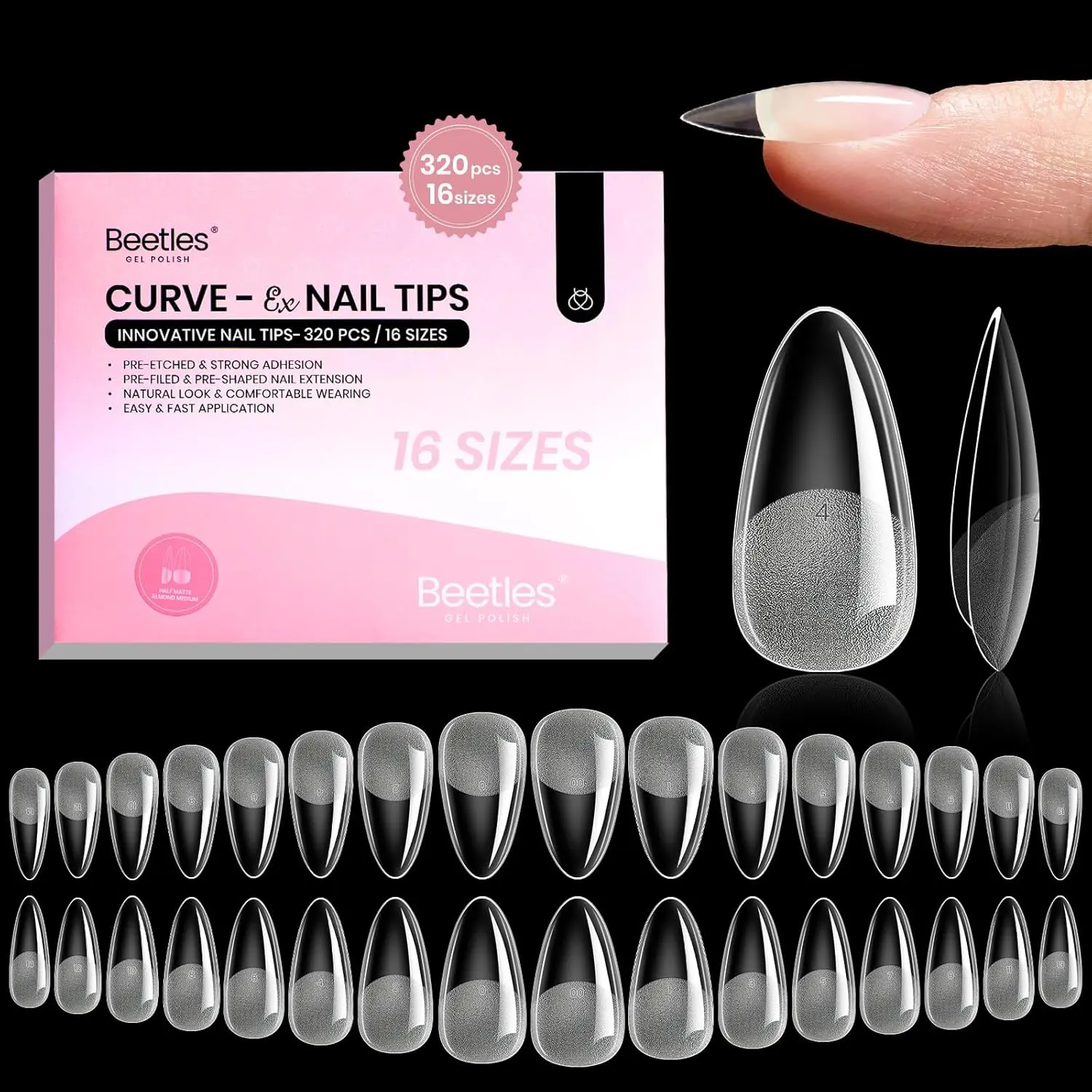 Beetles Curve-EX Nail Tips  - Medium 16 Sizes Etch-X Half Matte Full Cover Soft Acrylic False Press on Nail Tips Easy DIY Nail Extension Art Salon for Curved & Natural Nail Beds