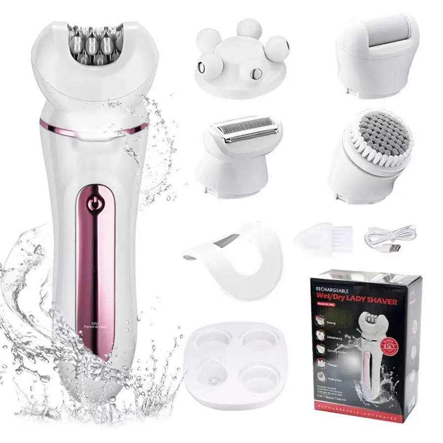 5-in-1 multi-functional Depilator Depilatory charging cordless Women's wet and dry electric shaver and bikini trimmer for arms underarm bikini line and legs, women's intimate areas, facial cleansing massage, foot grinder Electric depilator