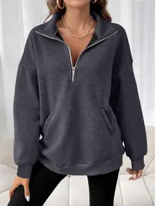 Plus Size Women's Zipper Solid Color Pullover Sweatshirt, Casual Long Sleeve Drop Shoulder Hoodie, Fall & Winter FashionGift