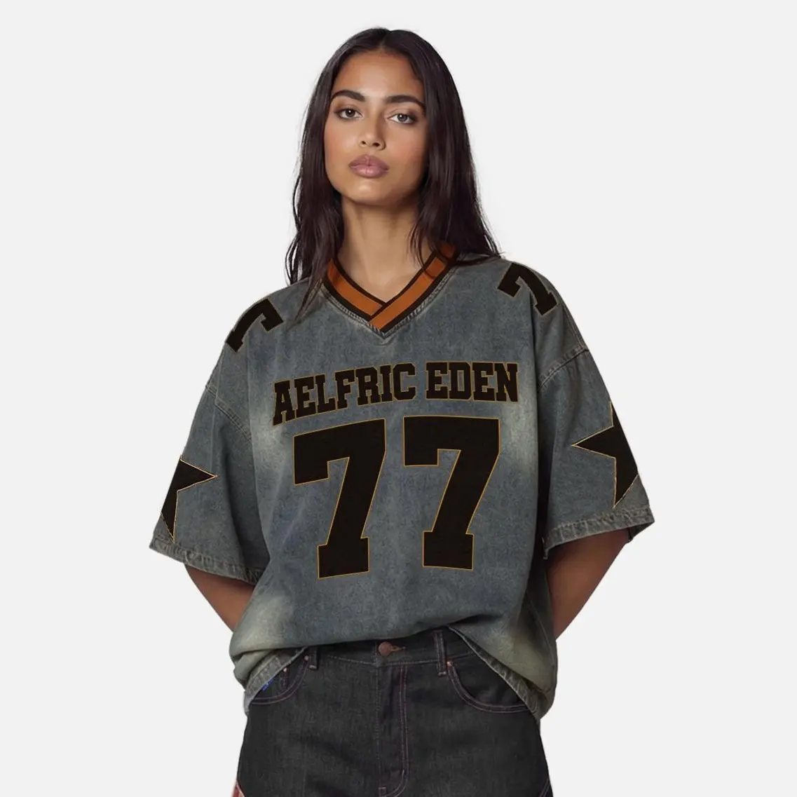 Aelfric Eden Men's Oversized V-Neck Cotton Denim Tshirt - Short Sleeve, 77 Number Star Print, Retro Washed, Casual Graphic Tee, Vintage Street Style Menswear Top,summerwins,father'sdaygifts,back to school,back to school shopping