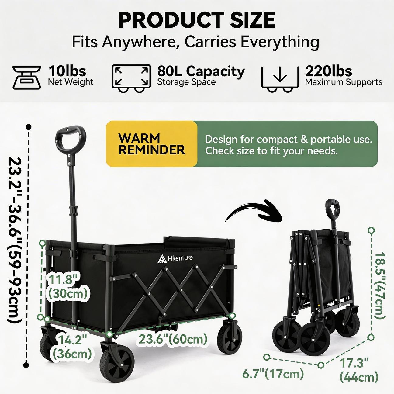 Hikenture Wagon Cart Foldable,Ultra-Compact Small Utility Folding Wagon,Heavy Duty Grocery Cart with All-Terrain Wheels,Portable Collapsible Wagon for Garden,Beach Wagon,Camping Wagon,summervibes