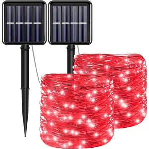 Red Solar Christmas String Lights Outdoor , 2Pack Total 200Led 8 Modes Copper Fairy Lights, Solar  Outside Decorations for Valentines Day, Garden, Patio, Fence, Balcony