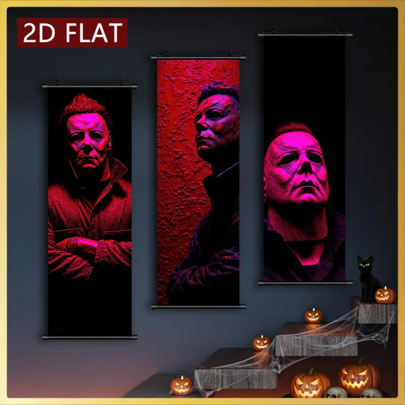 2D/Flat-3pcs Halloween Horror Movie Character Graphic Picture Image Prints Plastic Scroll Wall Art, Modern Art Design HD Printing Ink Artwork Odorless Fade Resistant Canvas Paintings Suitable for Home Party Decorations Horror Themed Wall Hanging Decor