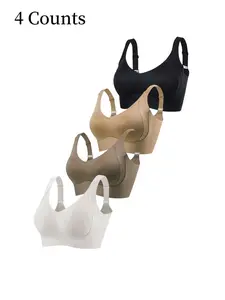 Women's Solid Four-breasted Adjustable Wireless Bra, Soft Comfortable Breathable Ribbed Push Up Seamless Bra, Women's Lingerie Underwear for All Seasons, Soft Fabric Bra