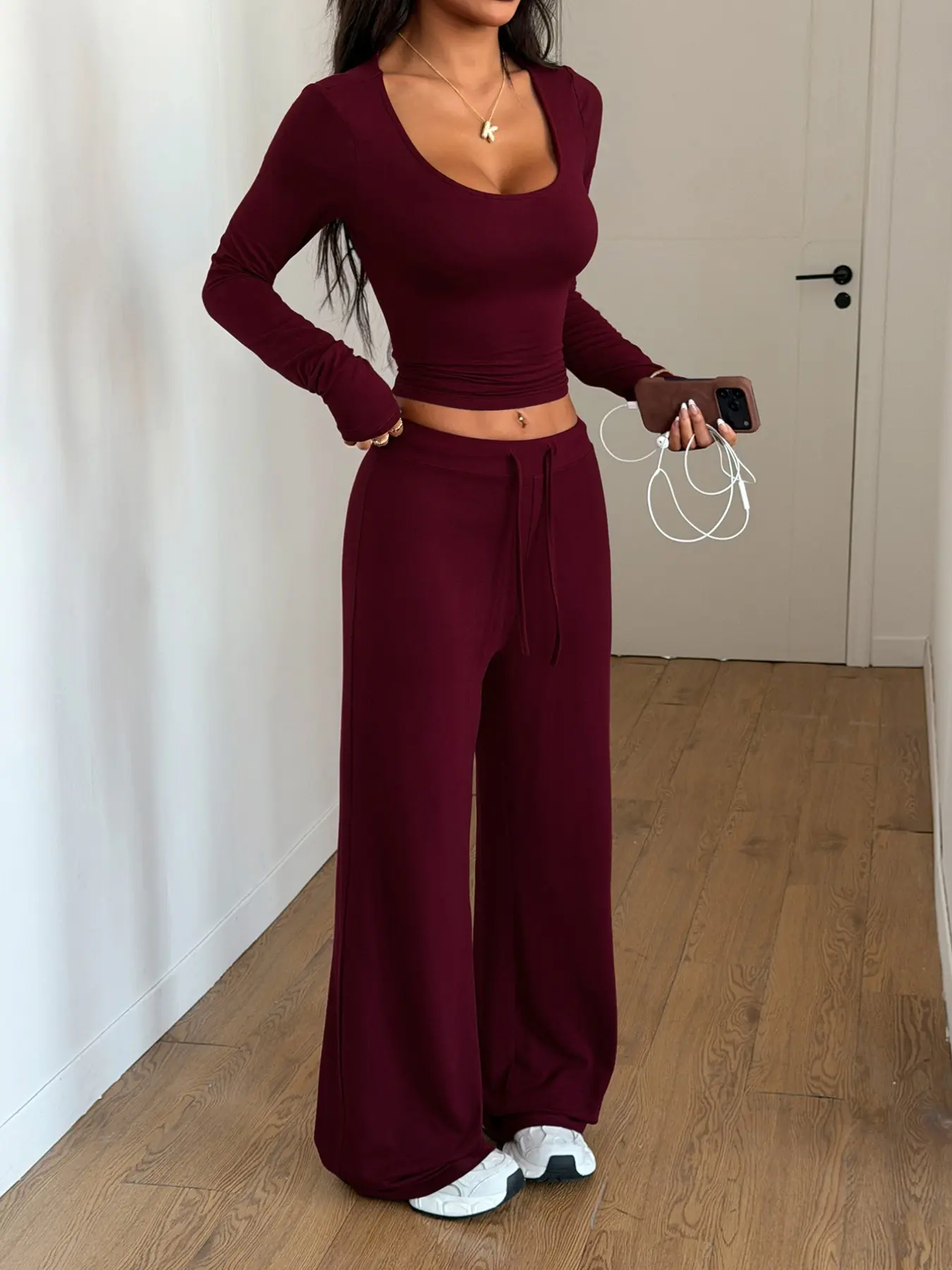 Womens Burgundy Two Piece Outfit Long Sleeve Scoop Neck Crop Top High Waist Adjustable Drawstring Wide Leg Pants Soft Elastic Stretch Slim Fit Casual Lounge Streetwear Travel Daily Wear Matching Set Clothes Womenswear
