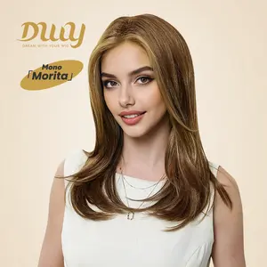 Morita C-DWY Mono Lace Front Free Part Mid-Length Straight Brown with Highlights Glueless Synthetic Wig for Women 16 Inches