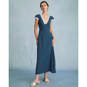Rihoas Women's High-Waisted Slim Navy V-Neck Polka Dot Lace Ruched Cap-Sleeve Polyester Feminine Formal Maxi Dress for Ladies, Premium Fabric with Flattering Fit