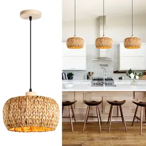 Hand-Woven Pendant Light, 11.8" 1-Light Bohemian Natural Rattan Hanging Lighting Fixture Weaving Ceiling Farmhouse Basket Hanging Lamp Chandelier for Kitchen Island, Living Dining Room