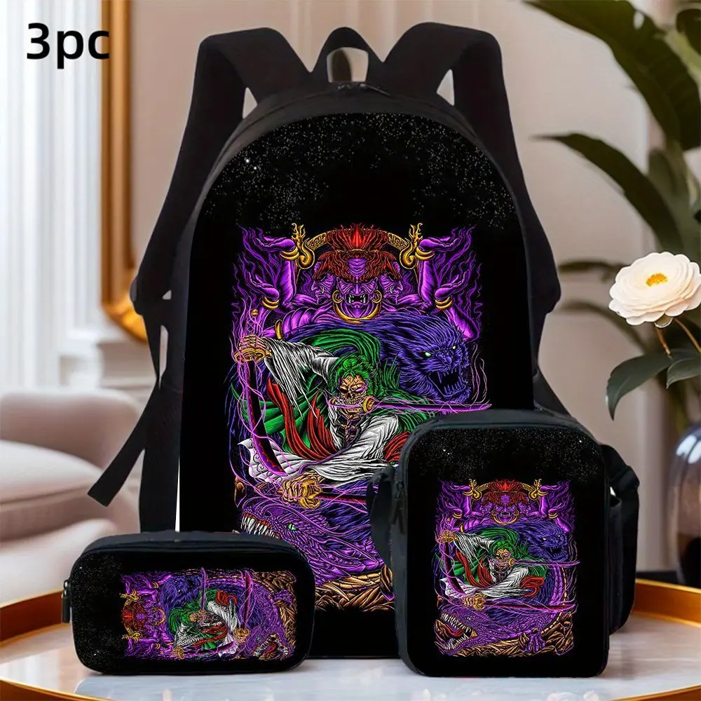 Durable Water Resistant 3-Piece Backpack Set for Kids, Lightweight School Bag with Lunch Box, Featuring One Piece Zoro Multicolor Demon & Dragon Full-Print, Black Starry Space Background for Anime Fans Daily School & Casual Use