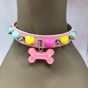 Pink dog bone neon spike necklace costume