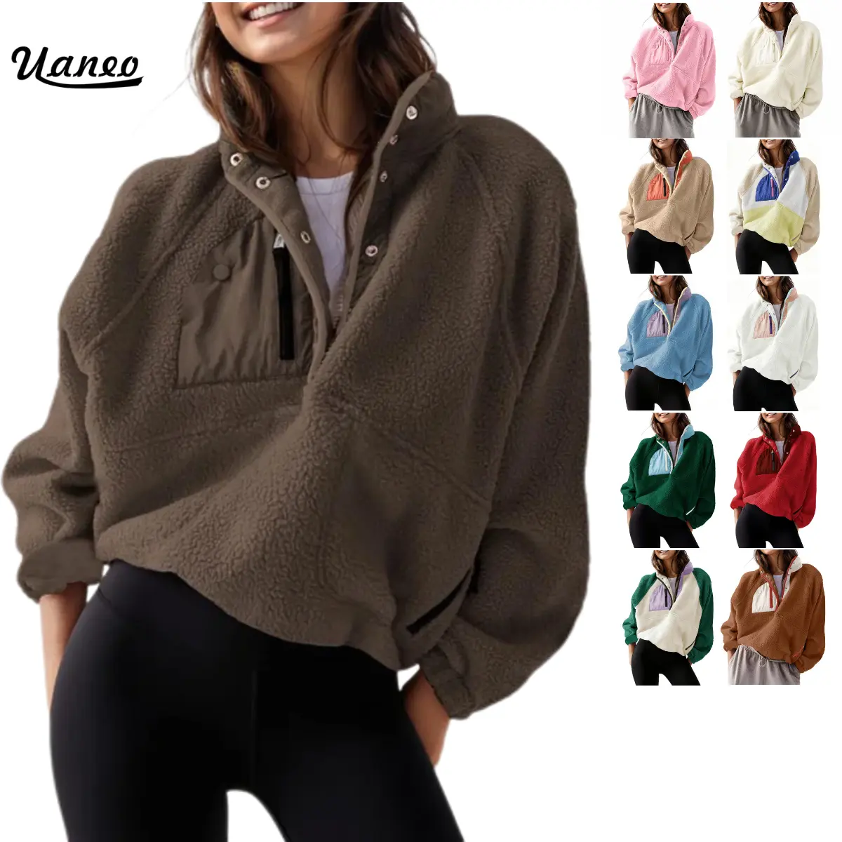 UANEO Women's Cropped Fleece Pullover Jacket Fuzzy Sherpa Sweatshirt Coat with Pockets Casual Long Sleeve Fall Winter Outerwear