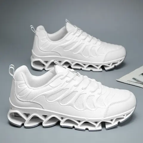 Men's White Lace-Up Breathable Mesh Casual Trainers - 1 Pair Lightweight Comfortable Runner with Hollow-Out Shock-Absorbing Sole, All-Season Footwear, Athletic Fashion, EU39/US6.5 EU40/US7, for Gym Training Walking Sports Shoes