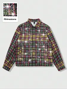 Men's plaid shirt, adorned with rhinestones, long sleeves, American urban style, Casual street style
