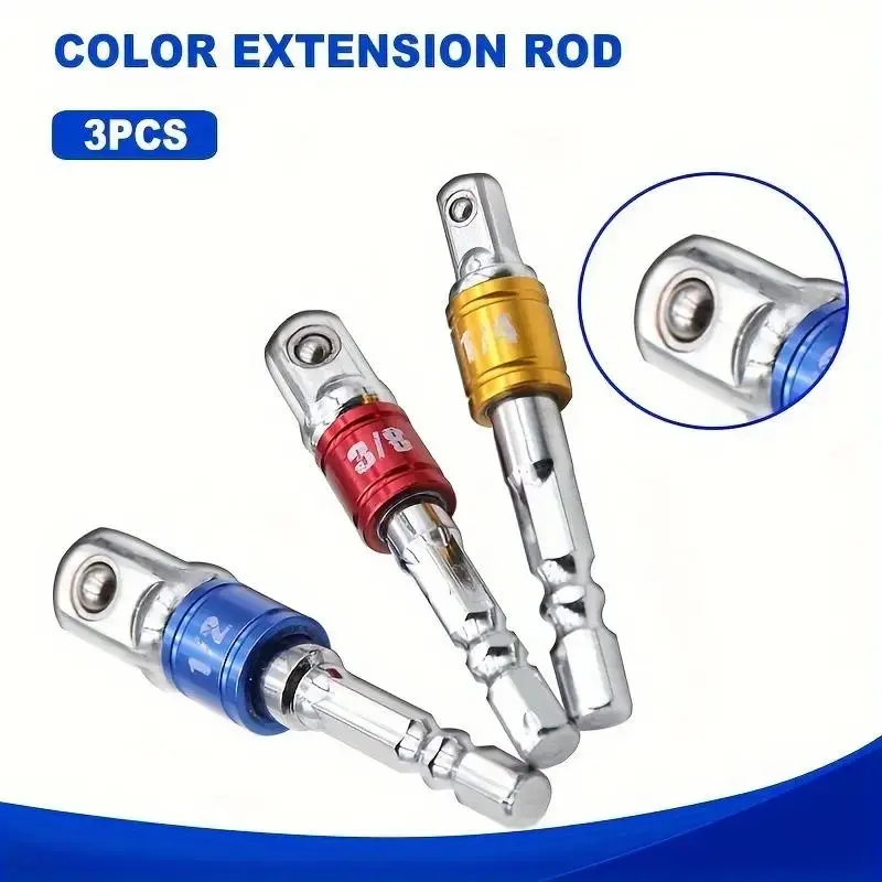 3-Piece Colorful Hex Screwdriver Conversion Rod Set, Hex to Square Adapter for Electric Screwdriver, Multi-Function Socket Adapter for Wrench