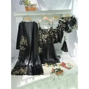 Large print five piece set, pleated dress&pleated shorts&vest&long sleeved waistband robe&bag, casual and comfortable home suit set (gift) (gift)RAIMENTRY