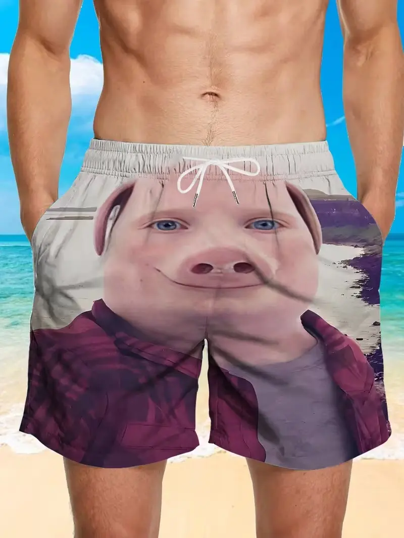 John Pork Printed Short Shorts, Unisex Casual Quick-Dry Polyester Clothes with Pockets and Adjustable Drawstring, Beach Outfits, Graphic Shorts