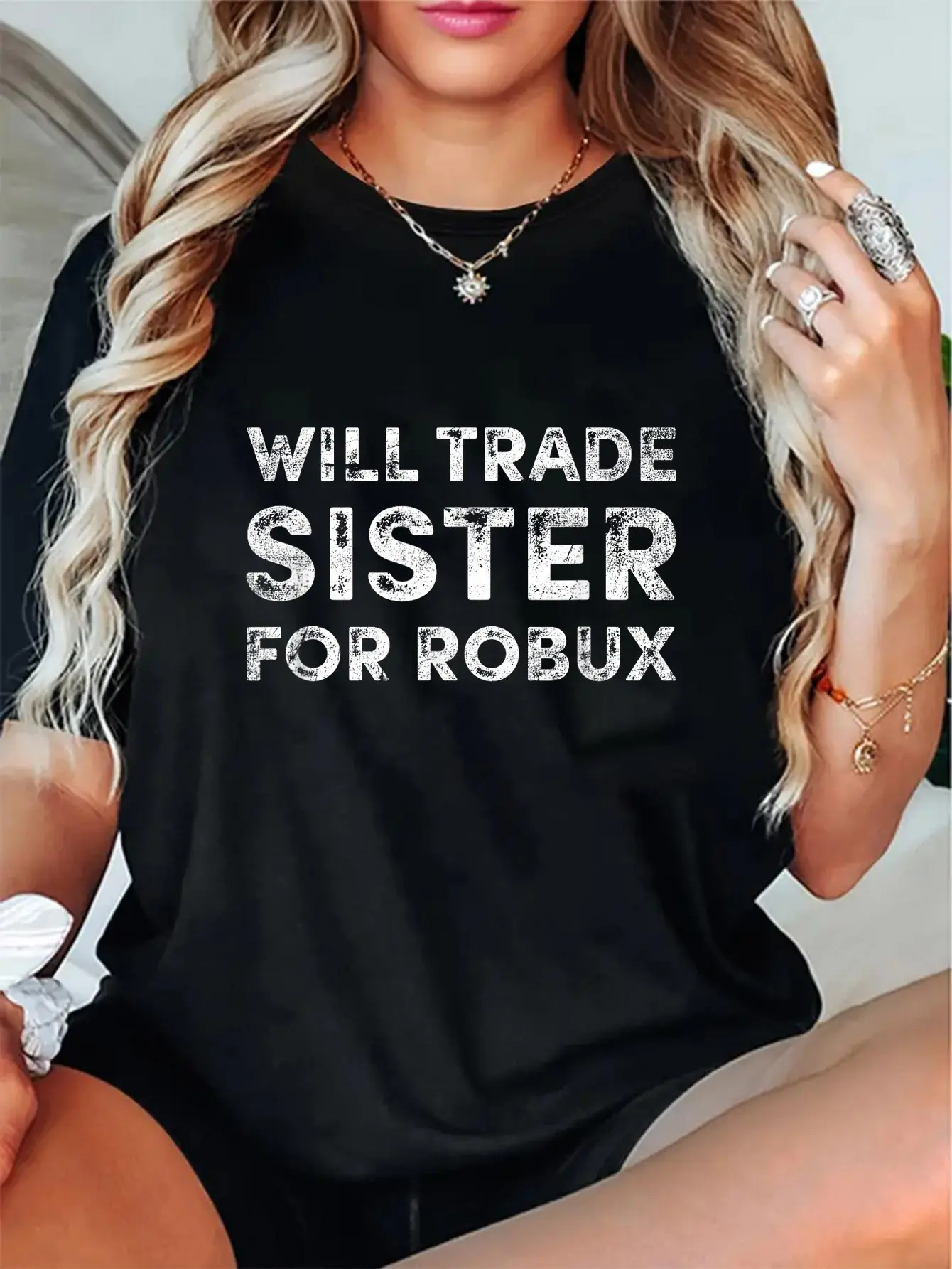 Lady's 100% Cotton Casual Short-Sleeve Everyday Graphic T-Shirt - Funny Video Game Design, Will Trade Sister for Robux, Shortsleeve, Round Neck, Top, Tshirt, Streetwear, Women, Playful Graphic, Vintage