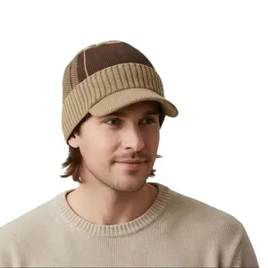 Men's Khaki Knitted Sport Beanie With Embroidered Logo Plush Lined Brim Boho Style Premium Fabric One-Piece Design for Winter Casual & Sporty Outfits