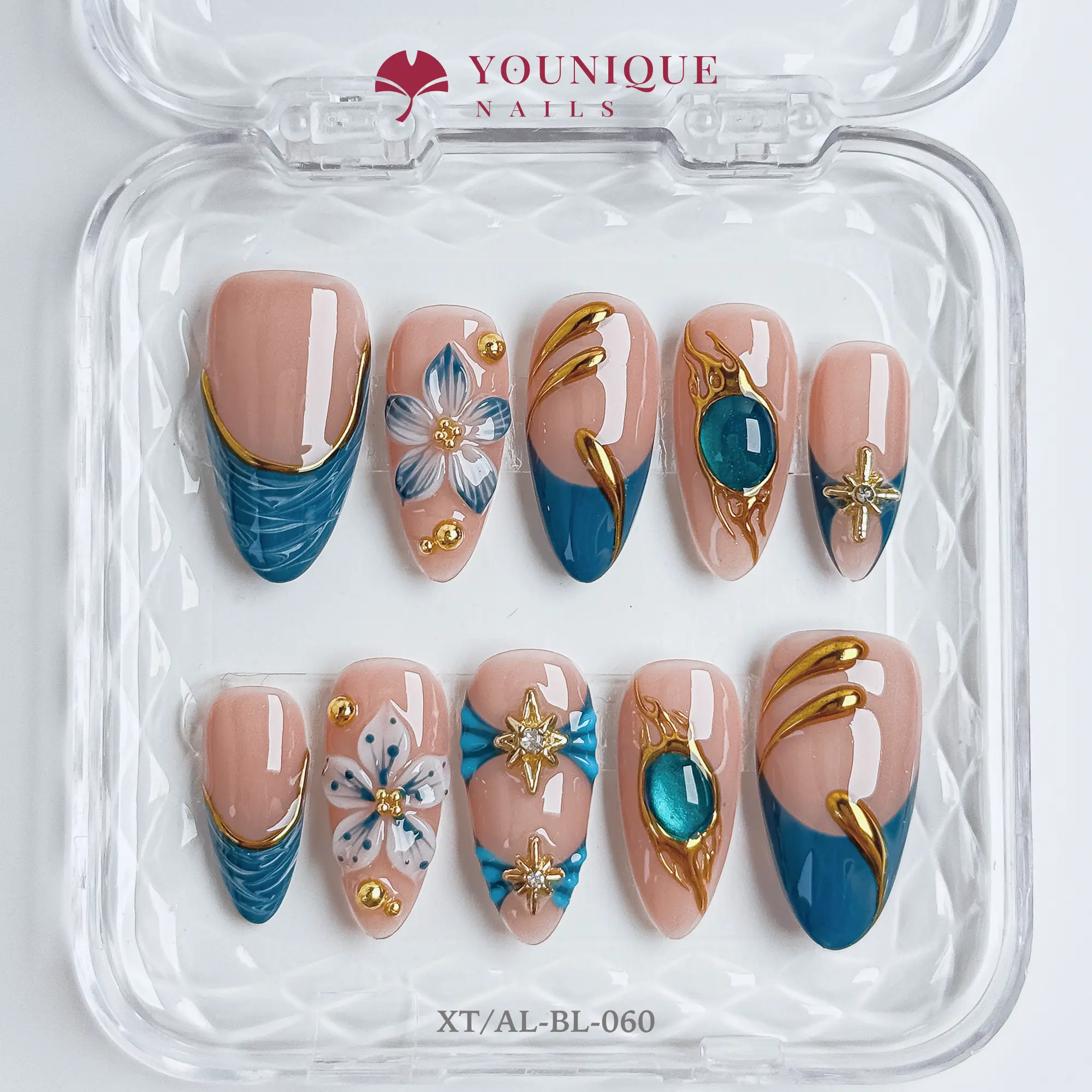 Younique Nails | XT Studio | Aqua Grace | 10PCS 100% Handmade Press-On Nails | Reusable Colorful Art