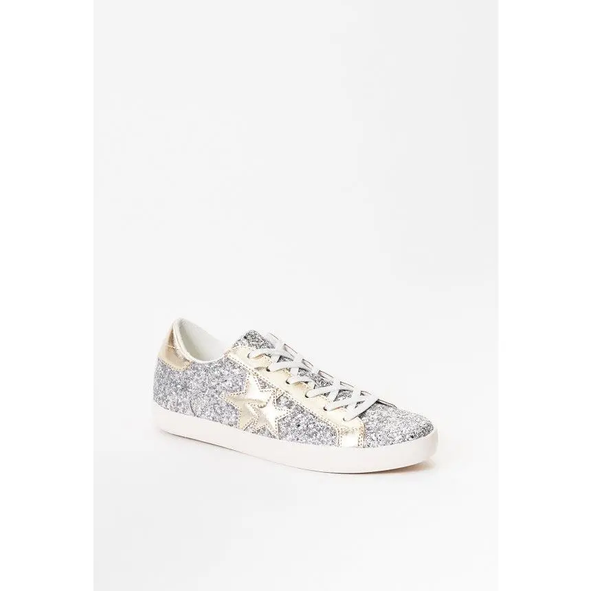 Women's Silver Glitter Platform Sneakers with Gold Star, Low-Top Lace-Up Casual Trainers, Bling Walking Shoe for Streetwear & Everyday Wear, Walking Shoes, Bling Casual Trainers
