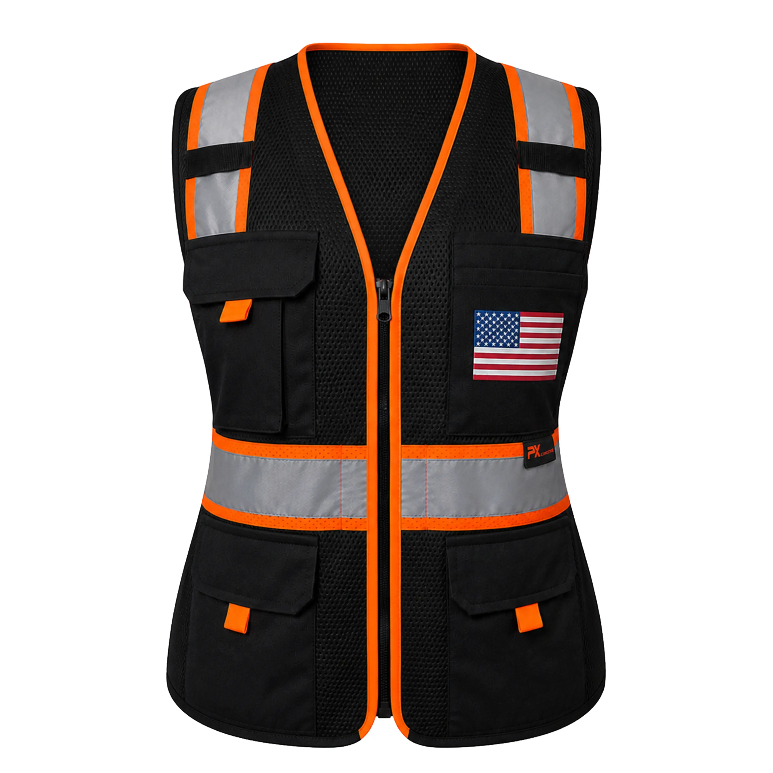Woman's Custom Flag on Pocket - HiVis Safety Vest for Women - High Visibility Reflective Strips Meets ANSI & OSHA Standards with 9 Pockets & Mic Holders