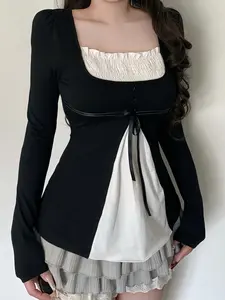 Y2K Sweet Square Neck Patchwork Slim Fit Long Sleeve T-Shirt, Womenswear, Casual Classy Fashion, Girls College Style Bow Tie Button A-Line Doll Wind Top