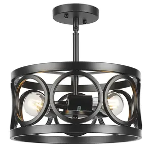 Farmhouse Semi Flush Mount Ceiling Light,3-Light Industry Black Sloped Ceiling Light Fixtures D13 Inches Drum Metal Light Fixture for Entryway Foyer Hallway Kitchen Dining Room