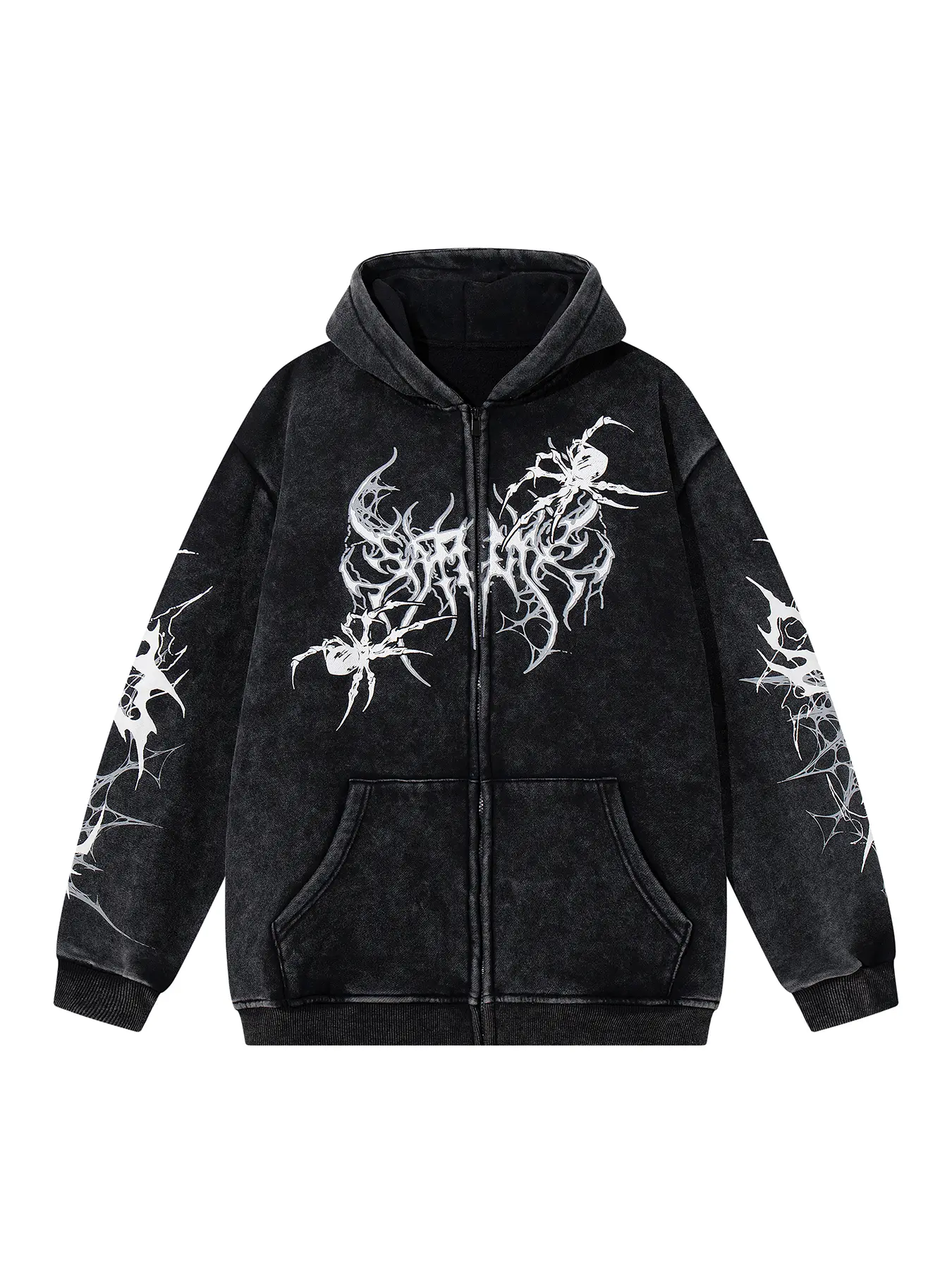 Men's Vintage Washed Tie-Dye Spider Cardigan Jacket, Trendy Fashion Casual Baggy Long Sleeve Zip-Up Aesthetic Hoodie, American Style Dark Graphic Watercolor Print Coat