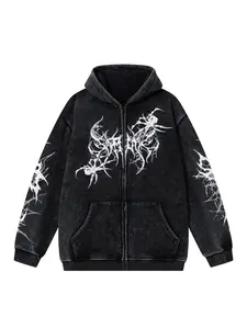 Men's Vintage Washed Tie-Dye Spider Cardigan Jacket, Trendy Fashion Casual Zip-Up Hoodie, American Style Dark Watercolor Print Coat