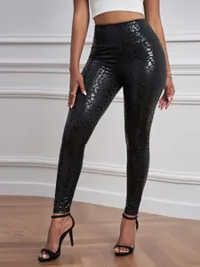 Women's Leopard Print High Waist Leggings, Fashion Casual Stretchy Fitted Skinny Pants, Women Bottoms for Summer Spring Fall, Please Purchase A Size Up, Womenswear, Fabric