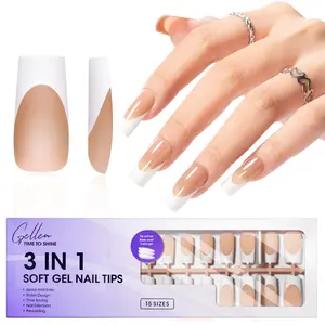 Gellen French Gel Nails - French Tip Press on Nails Brown Long Square Shape Nails Tips, Fake Nails Extension Nail Art DIY
