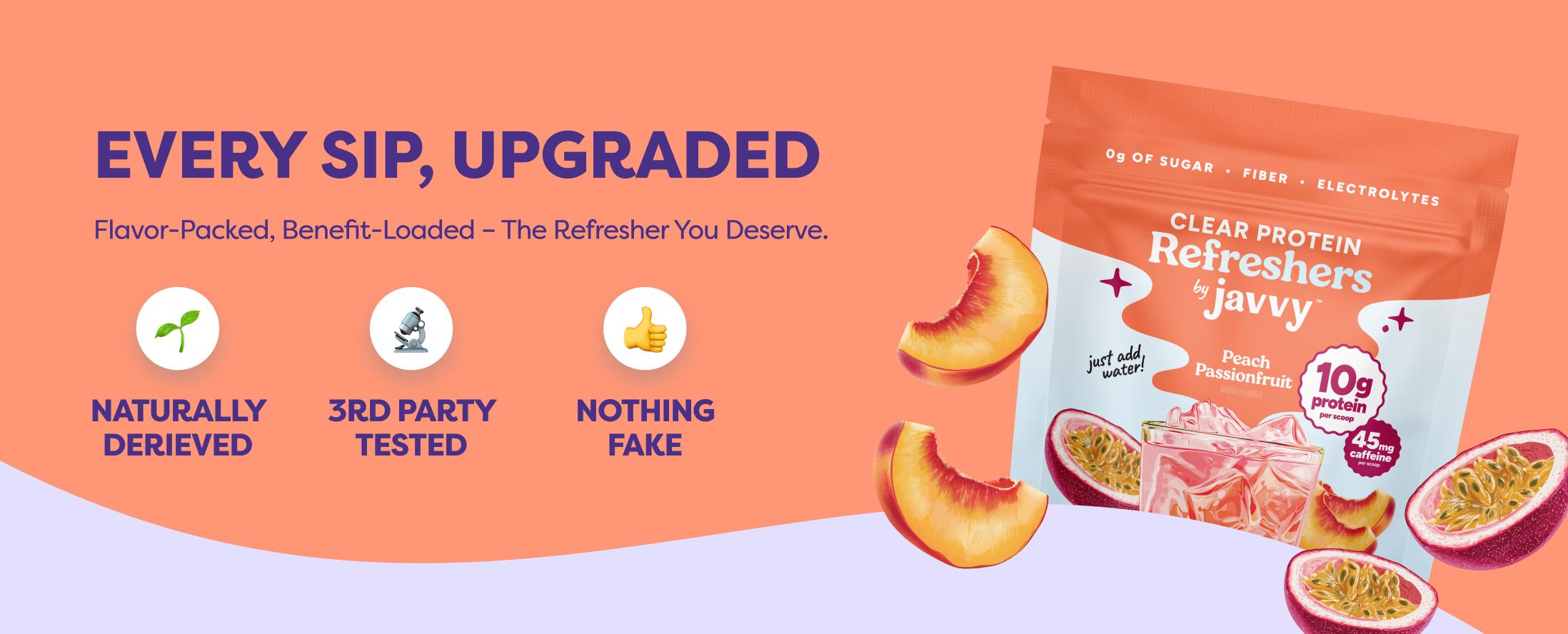 Javvy Summer Refresher Trio TikTok Exclusive Bundle - Strawberry Acai, Mango Pineapple & Peach Passionfruit Clear Protein Refreshers - 10g Protein, 45mg Caffeine, 0g Sugar, Fiber & Electrolytes, Naturally Flavored, Just Add Water