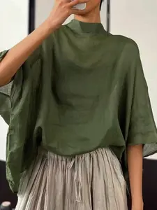 Women's Casual Basic Cotton Comfortable Fashionable Lightweight Stand Collar Three-Quarter Batwing Sleeves Loose Fit Solid Color Hoodie Shirt Top