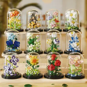 Flower Building Blocks Set, 1 Set Creative Building Block 3D Flower Blocks Building Toy with Dust Cover, Home & Office Desktop Ornaments, Perfect Gift for Birthday, Rose Building Blocks