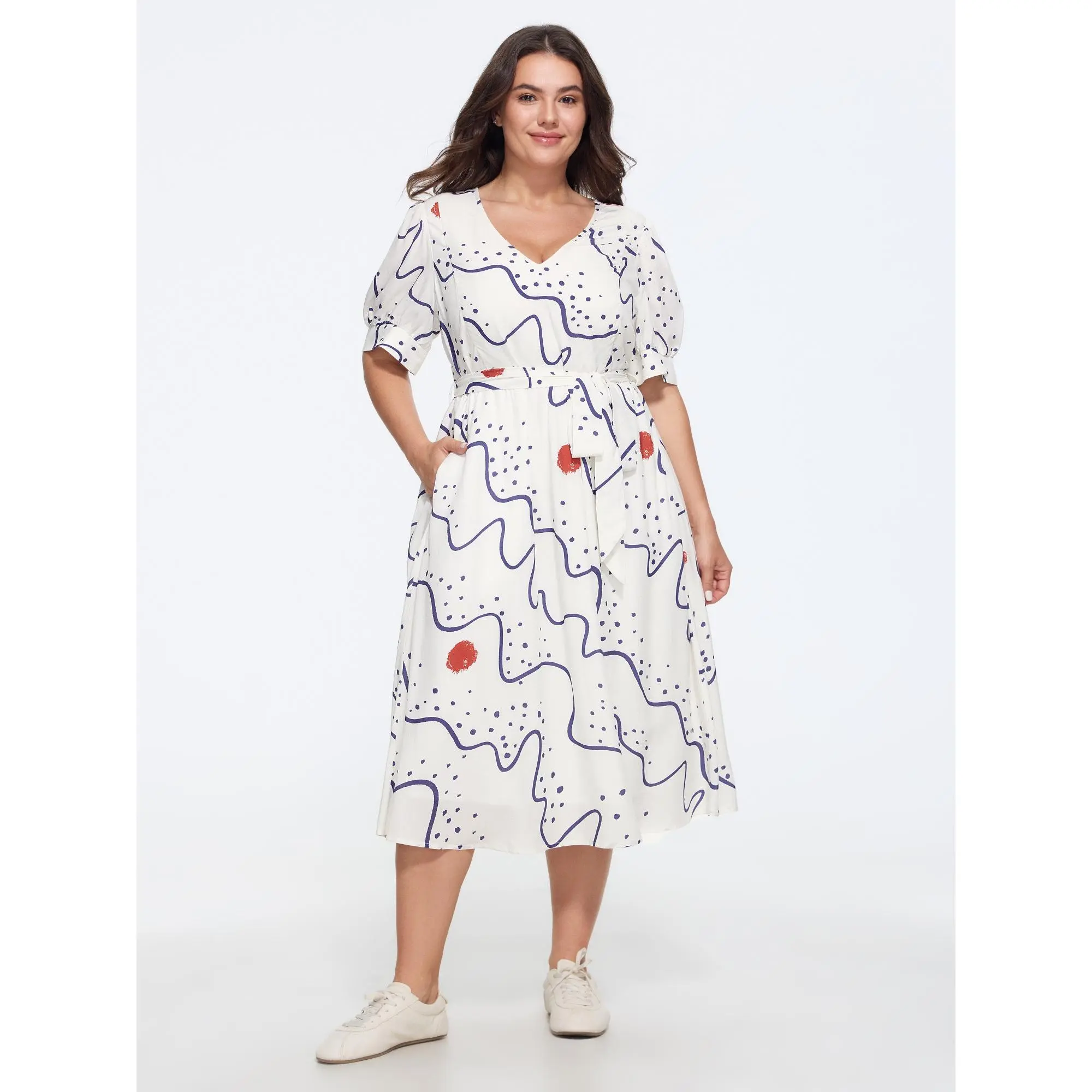 BLOOMCHIC Women's Plus Size Polyester Abstract Print V-Neck Belted Short-Sleeve Smooth Garment Midi Dress [M-6X] Summer Finds, Casual, Fabric