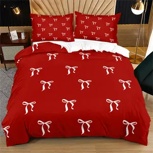Red background with white bow print bedding, quilt cover and pillowcase combination, Soft Bedding Sets, warm and romantic bedroom decoration