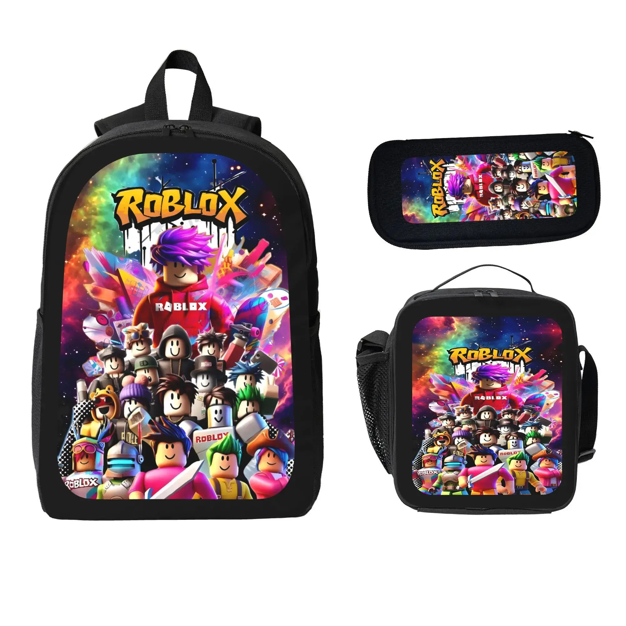 Roblox Print 3-in-1 Backpack Set for Teens, 600D Oxford Polyester with Leak-proof Lunch Bag, Fits 15" Laptop, Wide Padded Shoulder Straps for School & Travel, Lunch Box, Synthetic, Unisex