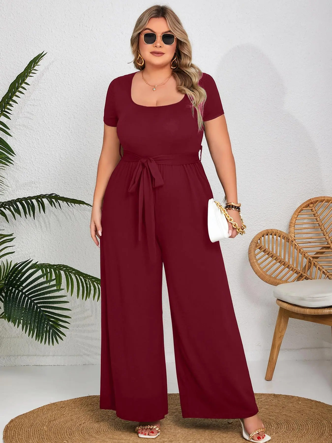 Plus Size Solid Wide Leg Fitted Medium Polyester Jumpsuit With Belt, Elegant Square Neck Belted Jumpsuit for Daily Casual Outdoor Wear, Women Plus Womenswear Clothing for All Seasons