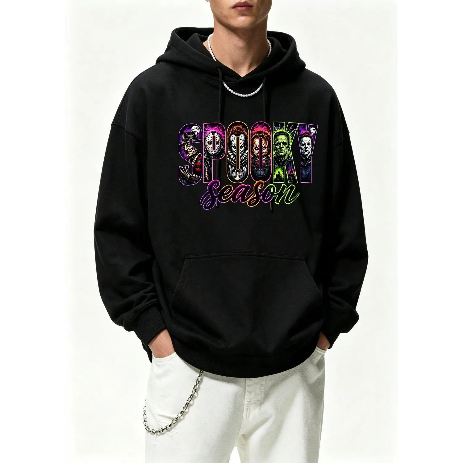 Neon Horror Halloween Mens Hoodie Retro Scary Movie Graphic Pullover Horror Character Apparel Spooky Season Fall Sweatshirt with Vintage Style and Innocence Advocacy Design