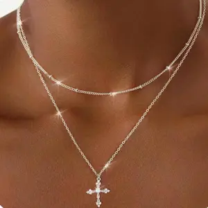MILACOLATO 2Pcs Silver Cross Necklace for Women 925 Sterling Silver Layered Necklaces 14K plated Gold Adjustable Cross Pendant Necklace Dainty Stackable Chain Set Jewellery Gift summerwins