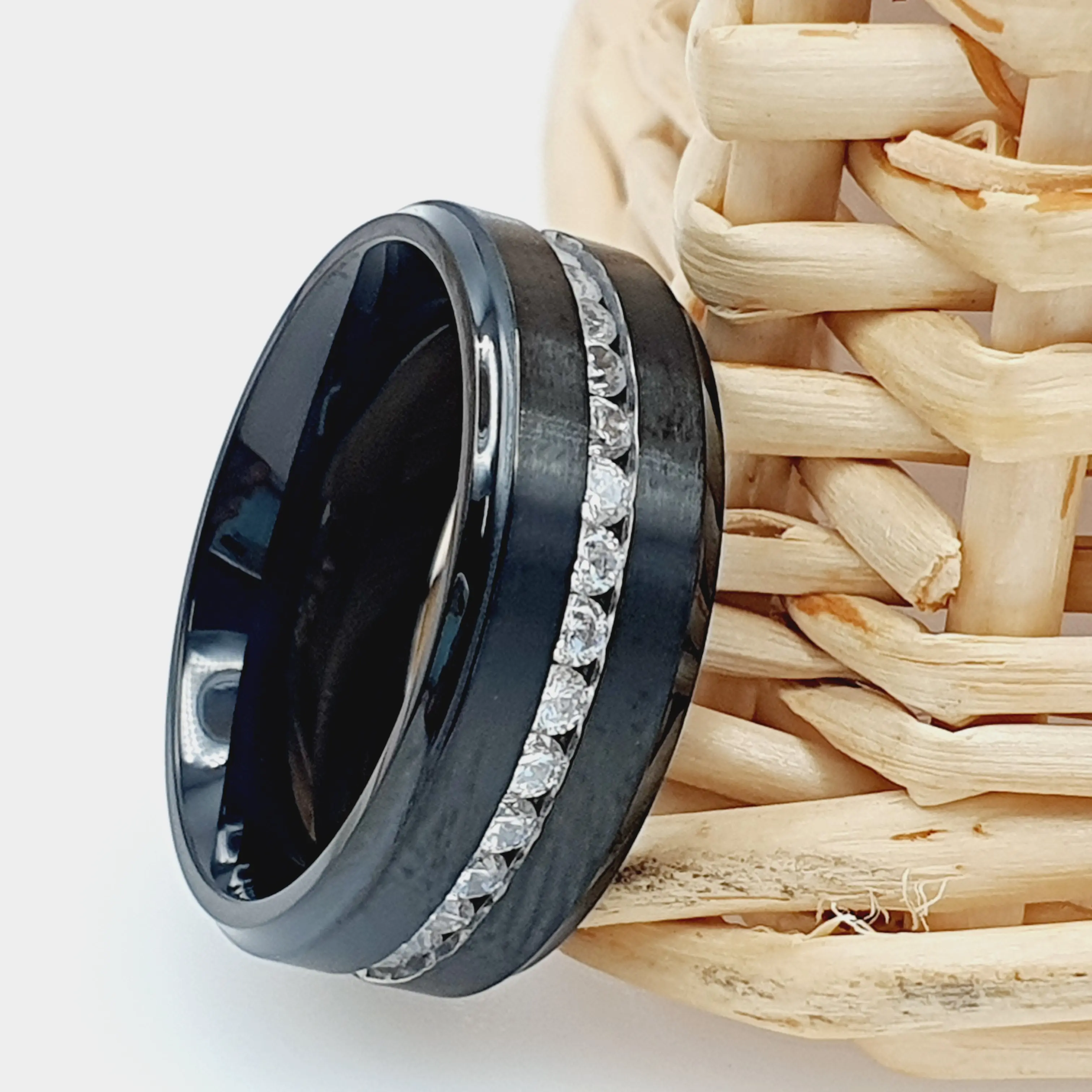 Black Titanium Wedding Ring with Men's Diamond for Couple Engagement