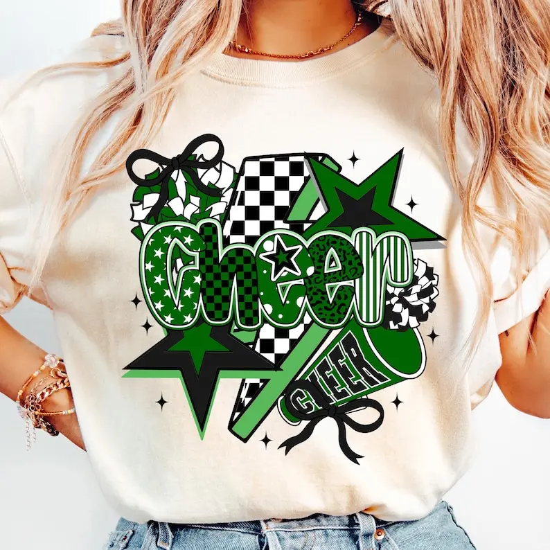 Cheer T-Shirt, Preppy Cheer Mom Shirt , Leopard Checkered Cheerleader Coquette T-Shirt